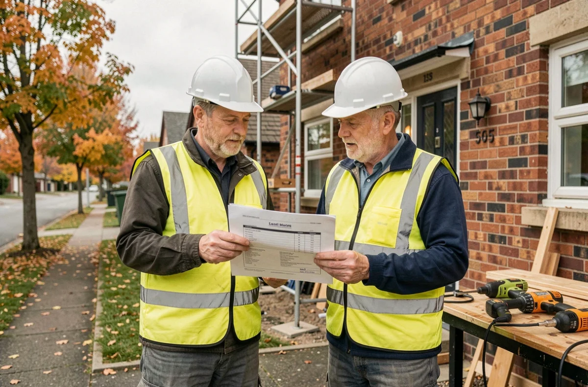 Deux artisans du BTP comparant un devis de travaux devant un chantier de rénovation résidentielle