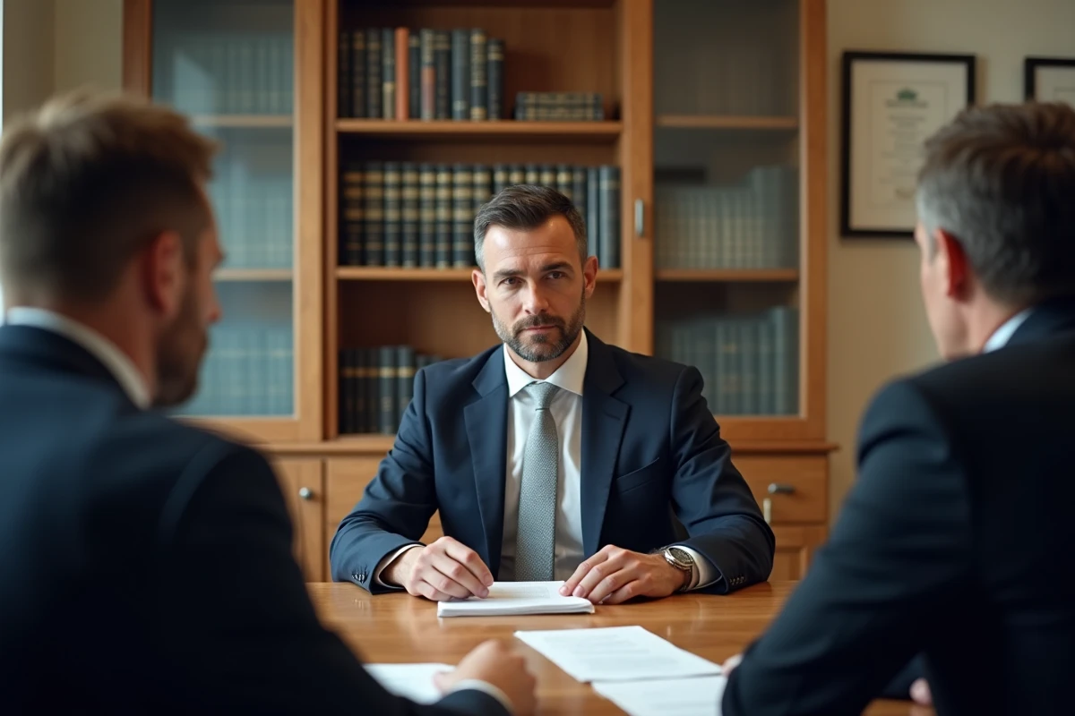 Avocat spécialisé en droit de la famille examinant un document légal avec des parents séparés, symbolisant la médiation pour la protection des droits de l'enfant
