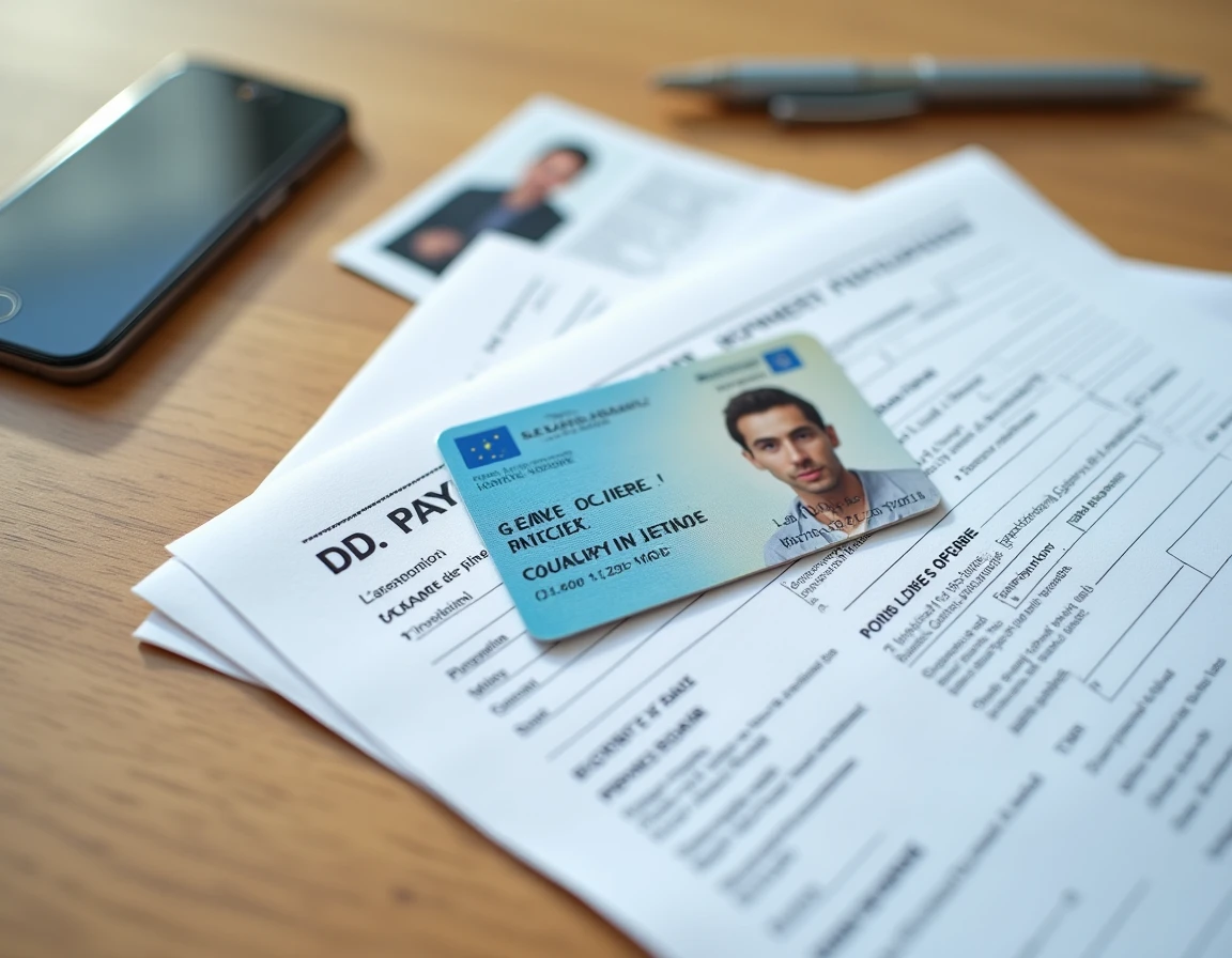 Vue de dessus d'une carte d'identité française posée sur un bureau avec des documents administratifs