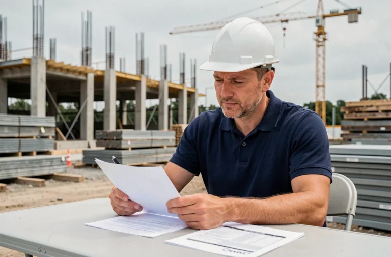 Chef de chantier en tenue de sécurité examinant un devis BTP sur un chantier de construction