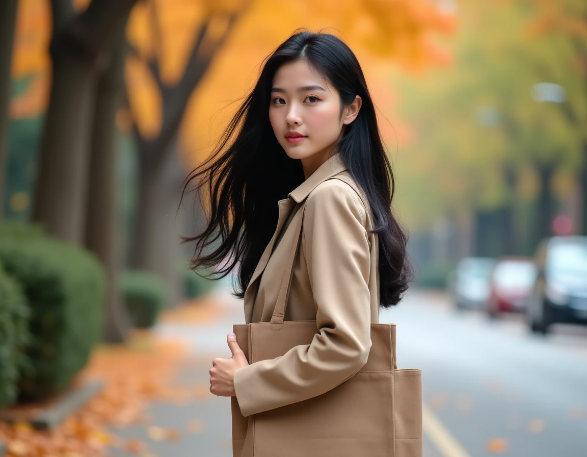 Femme coréenne aux cheveux soyeux et brillants en extérieur dans une rue bordée d'arbres en automne