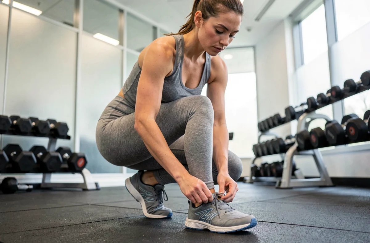 Femme en tenue de sport lacrant ses chaussures de cross-training dans une salle de sport moderne