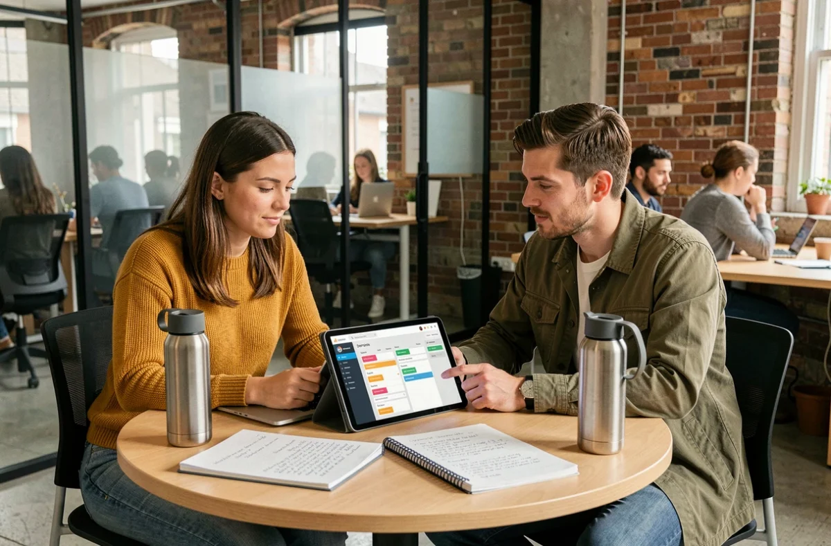 Deux collègues collaborant sur une tablette avec des outils bureautiques dans un espace de coworking moderne