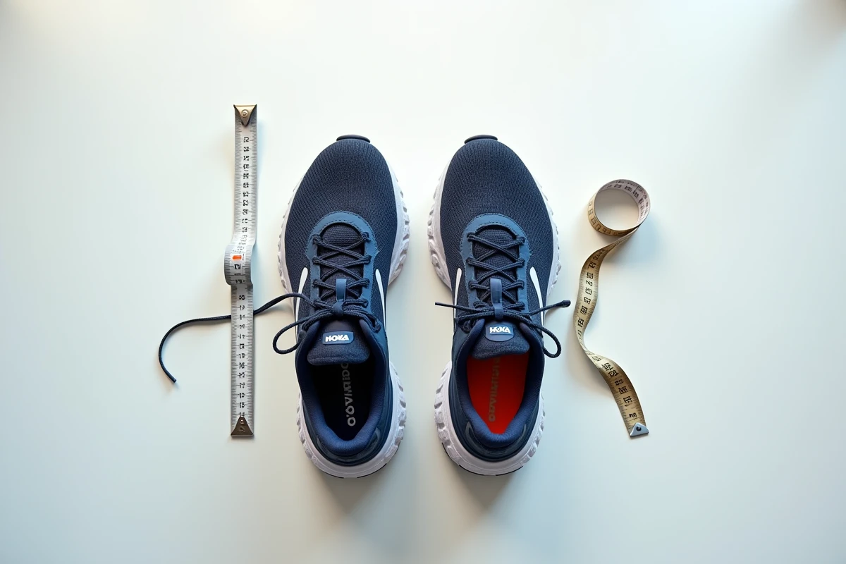 Comparaison côte à côte d'une chaussure Hoka wide et regular sur fond blanc avec mètre ruban