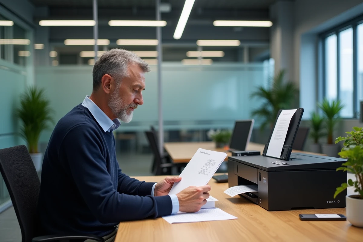 Homme comparant des impressions laser et jet d'encre côte à côte sur un bureau de petite entreprise