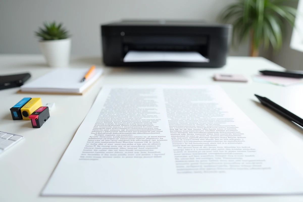 Vue aérienne de pages imprimées par imprimante laser et jet d'encre avec cartouches sur un bureau blanc