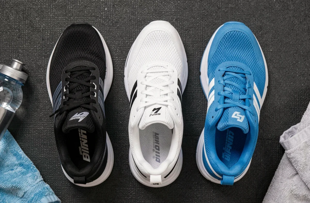 Comparatif de trois types de chaussures de salle de sport disposées sur un tapis de gym, vue du dessus