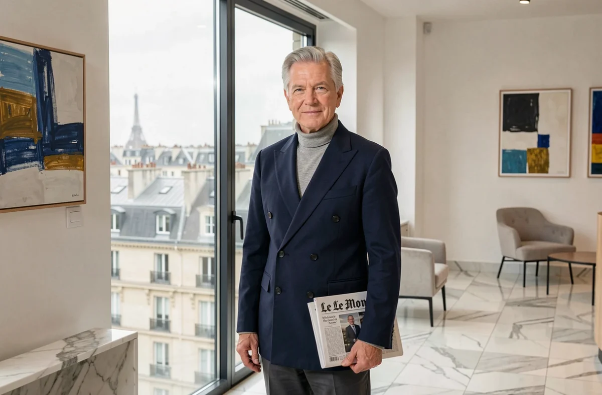 Conseiller économique senior en blazer marine tenant un journal financier devant une fenêtre avec vue sur les toits de Paris