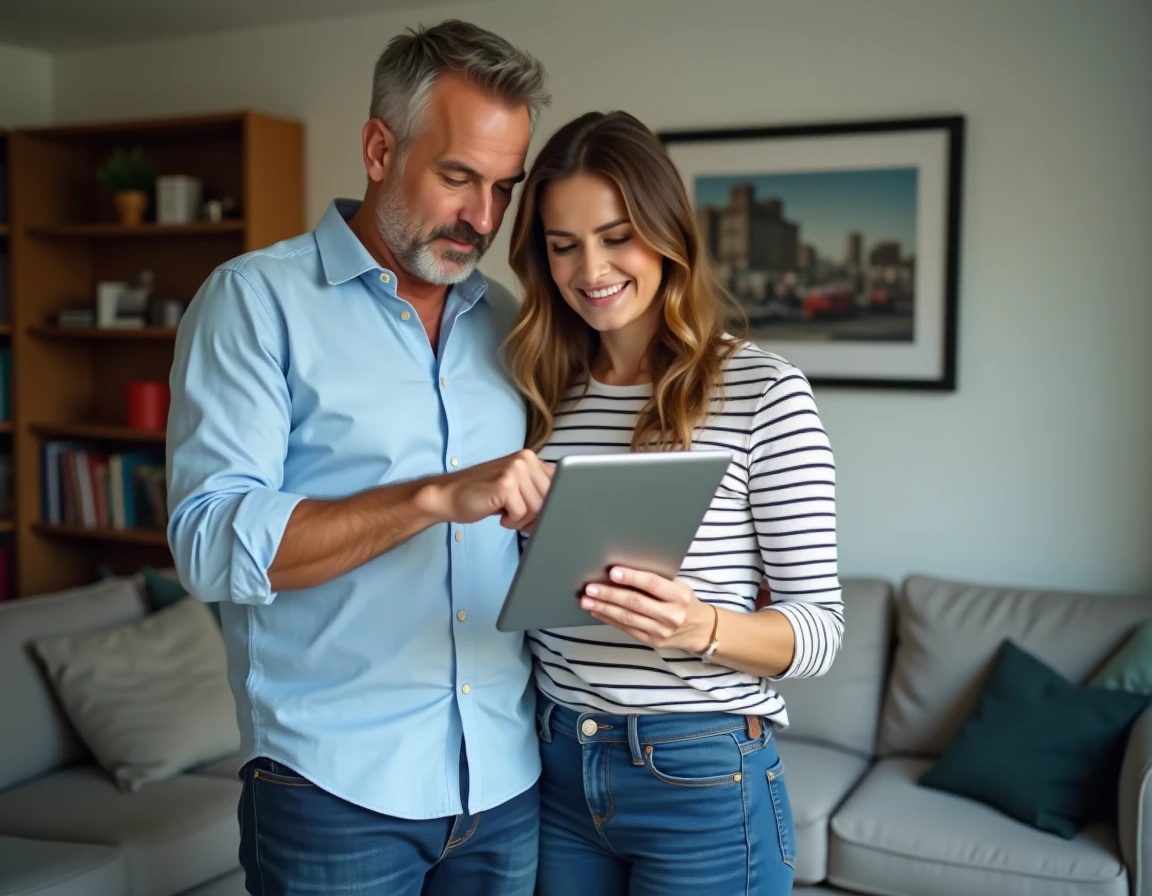 Couple comparant les offres d'assurance habitation sur une tablette dans leur salon