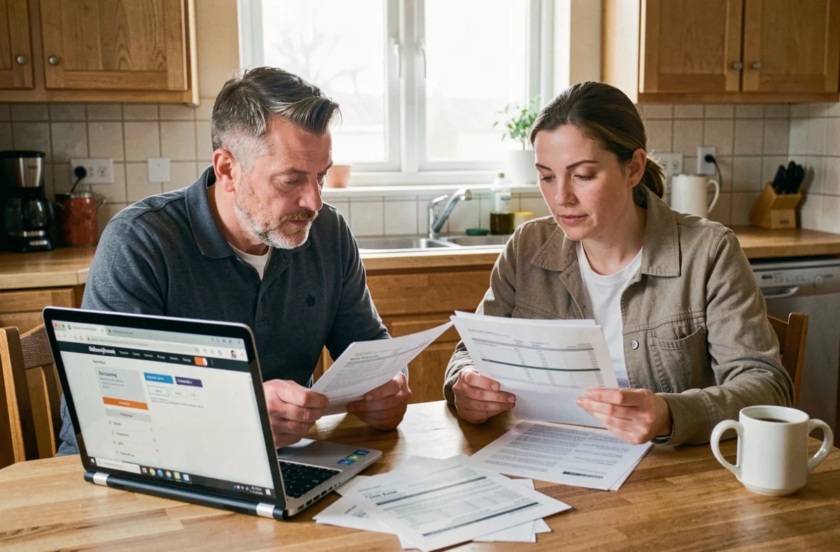 Un couple compare les offres de banques en ligne pour financer leur projet immobilier depuis leur cuisine
