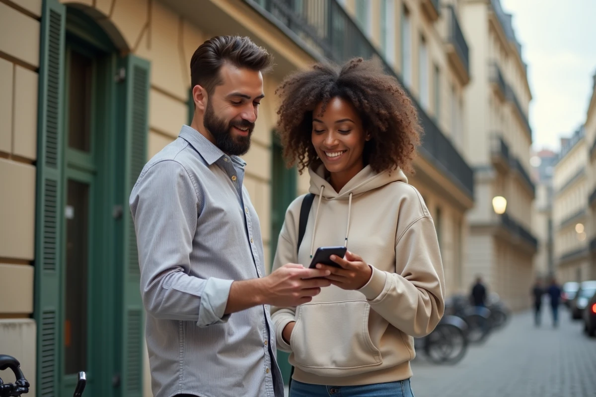 Couple de locataires devant un immeuble haussmannien consultant une annonce de location sur smartphone, symbolisant la recherche d'appartement avec LocService
