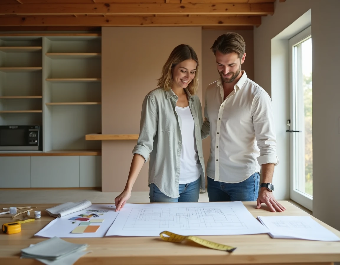Couple consultant des plans de rénovation avec des échantillons de matériaux dans un salon rénové avec poutres apparentes