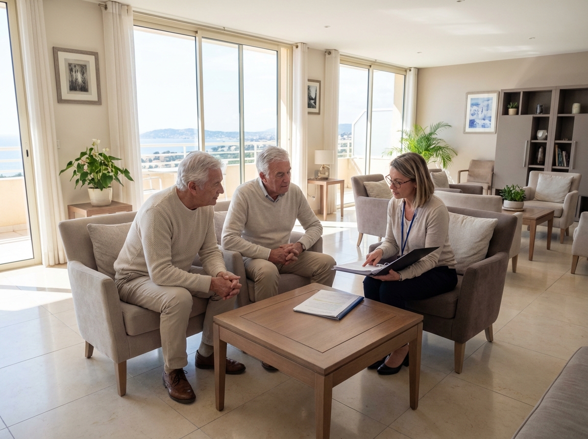 Couple âgé discutant avec une professionnelle dans un salon