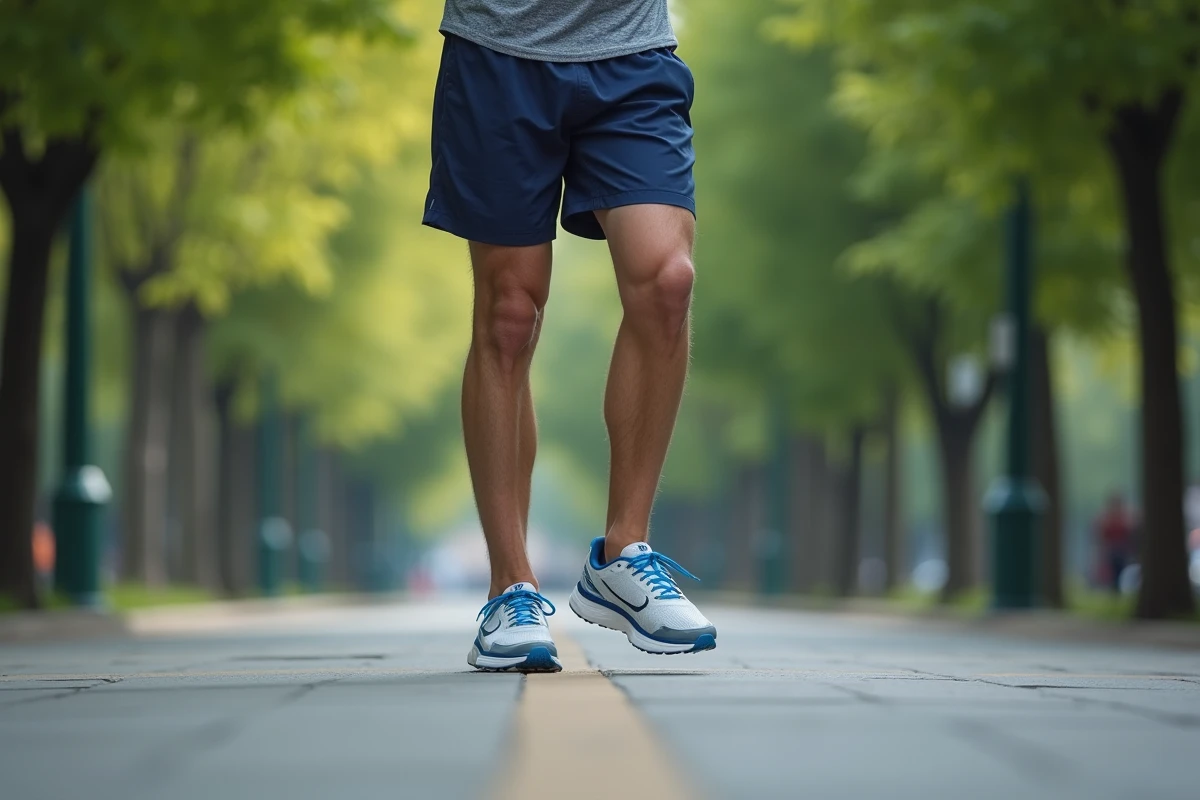 Coureur masculin portant des chaussures Hoka regular sur un chemin de course en milieu urbain