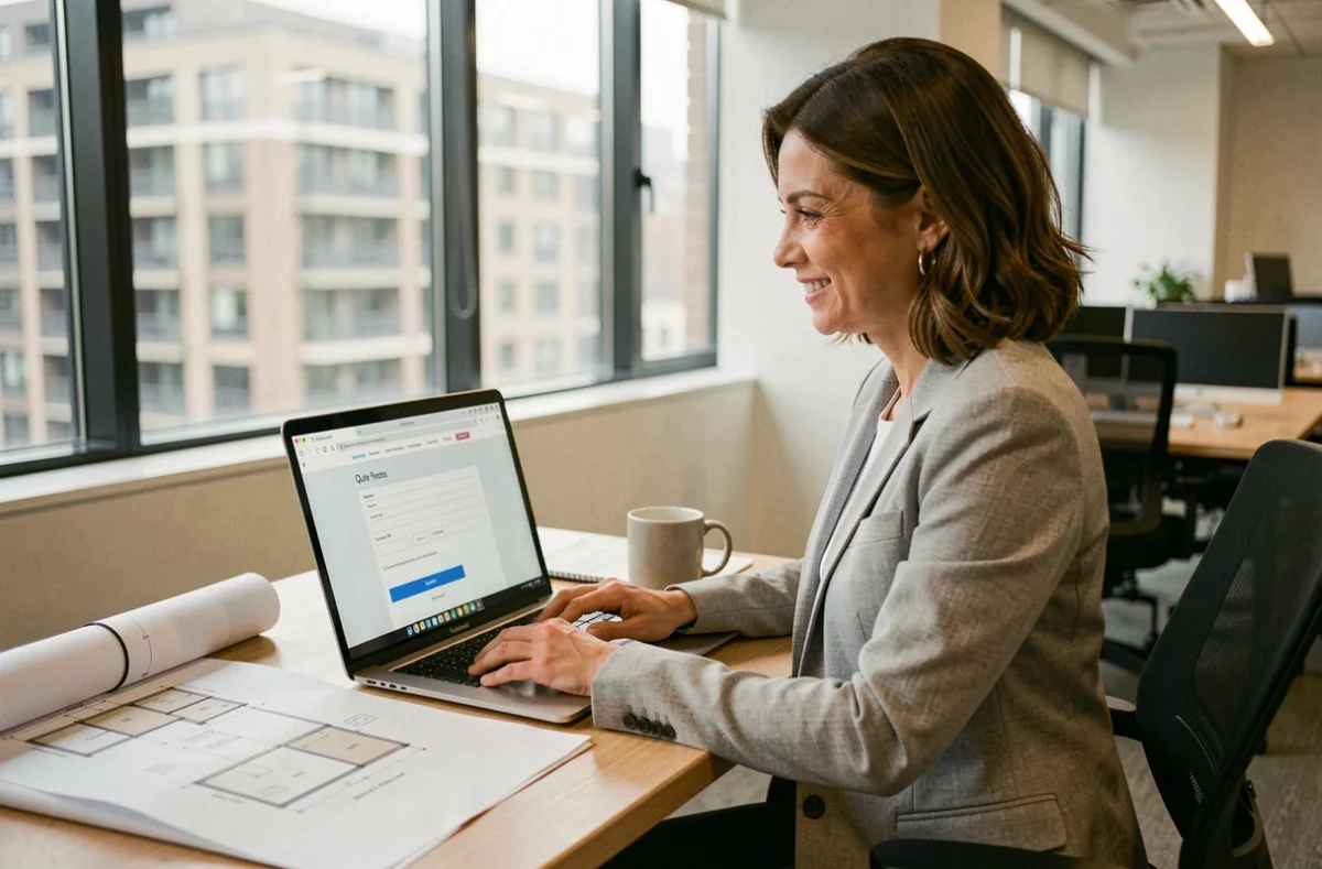Femme professionnelle demandant un devis gratuit en ligne pour un projet de construction BTP