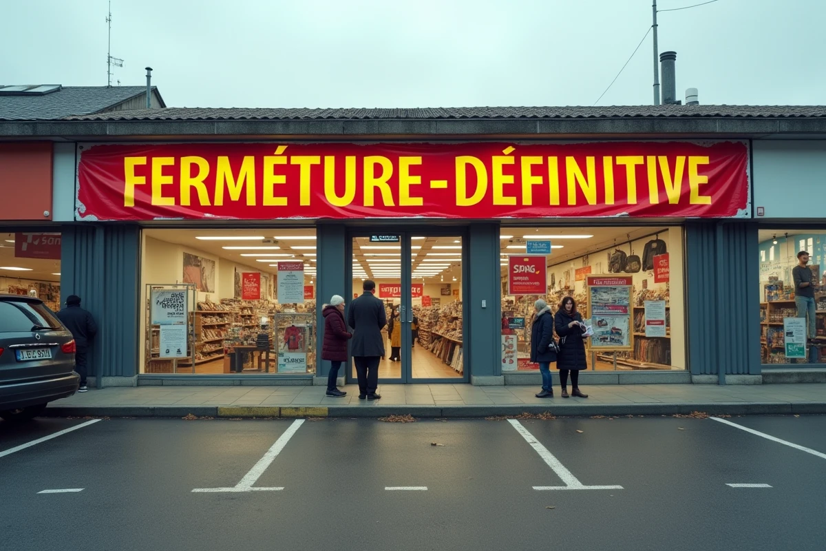Devanture d'un magasin Gifi en fermeture définitive avec bannière de liquidation totale dans une zone commerciale française