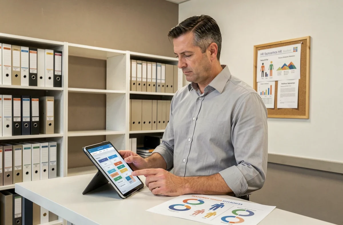 Directeur RH consultant une plateforme de gestion des ressources humaines sur tablette dans son bureau