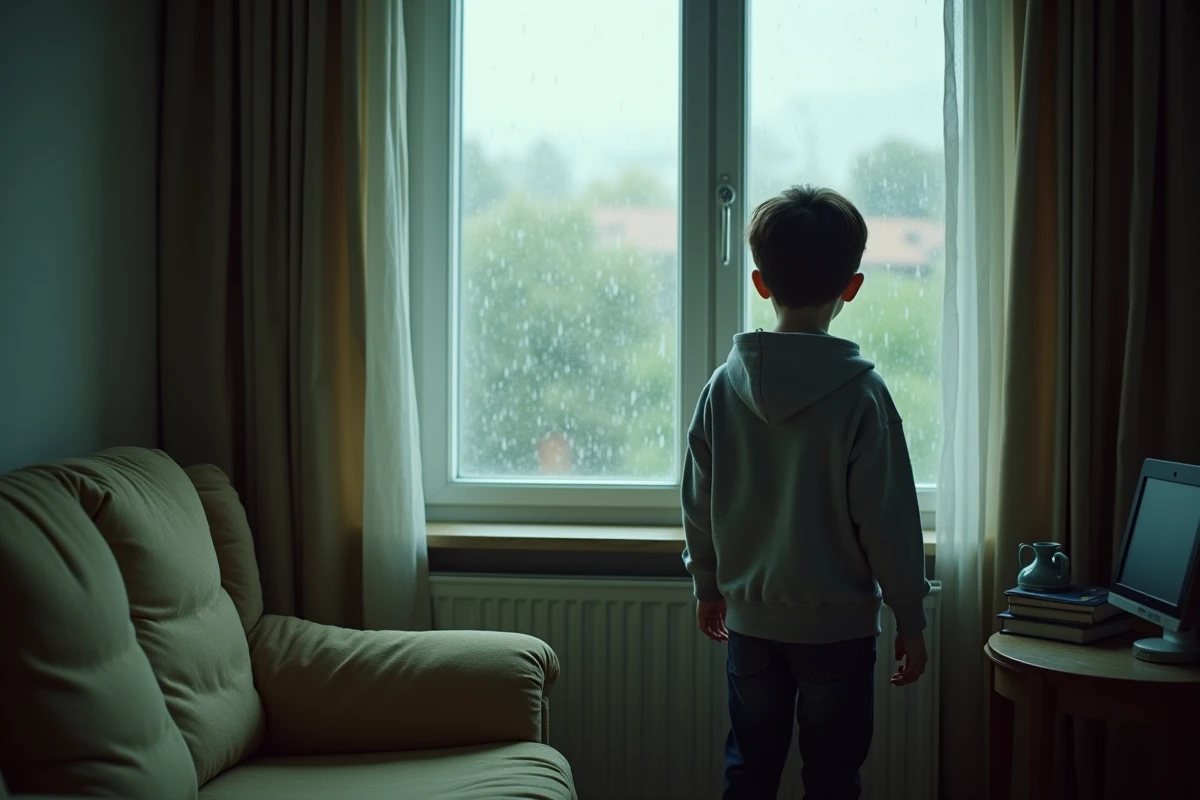 Enfant debout devant une fenêtre pluvieuse dans un appartement, exprimant l'isolement émotionnel vécu par les enfants de parents séparés en conflit