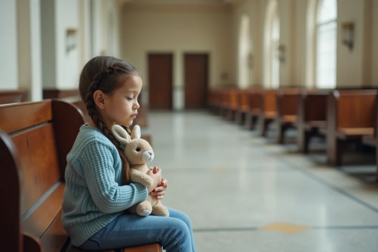 Jeune fille seule dans un couloir de tribunal tenant un doudou, illustrant la vulnérabilité des enfants lors de séparations parentales conflictuelles