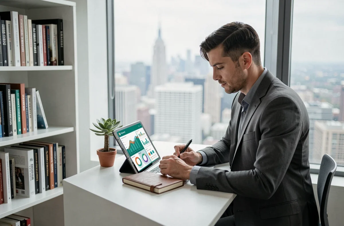Entrepreneur analysant des données de croissance sur une tablette dans un bureau contemporain avec vue sur la ville