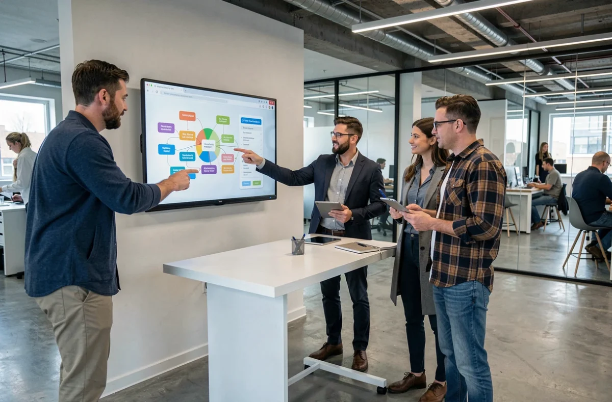 Entrepreneurs en discussion stratégique devant un écran interactif affichant un schéma de collaboration et d'innovation dans un espace de coworking moderne