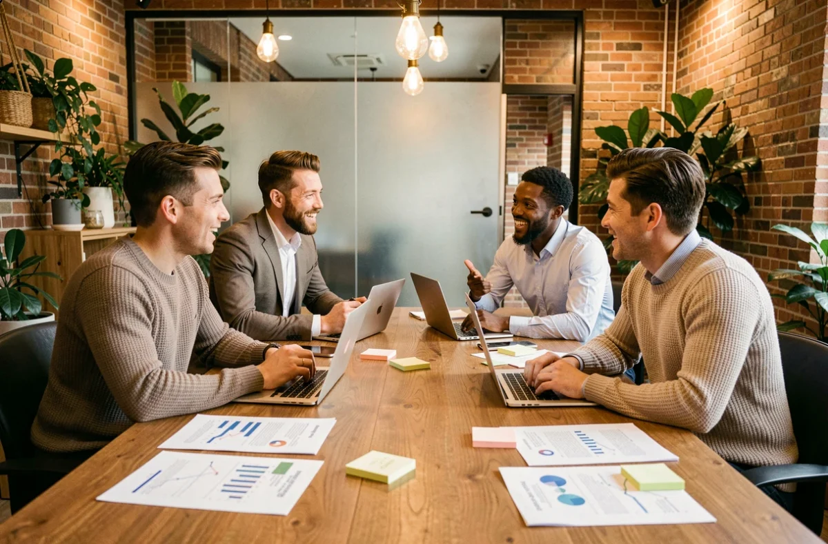 Équipe diversifiée en session de brainstorming autour d'une table de réunion pour développer des stratégies innovantes de croissance