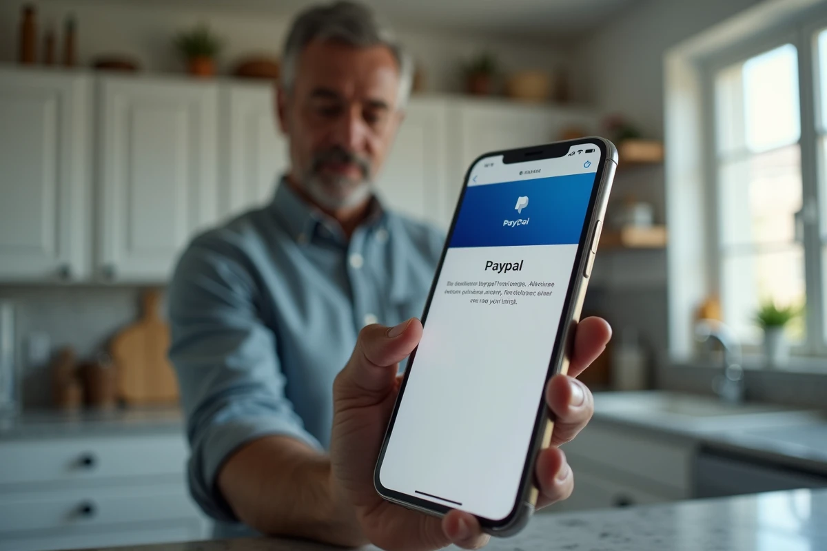 Homme consultant une application PayPal avec un paiement refusé sur smartphone dans une cuisine