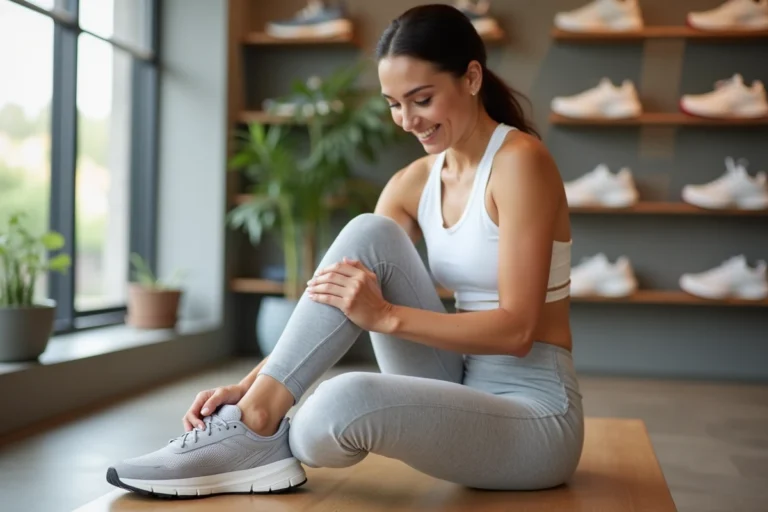 Femme essayant des chaussures Hoka larges dans un magasin de running pour vérifier le confort de la largeur