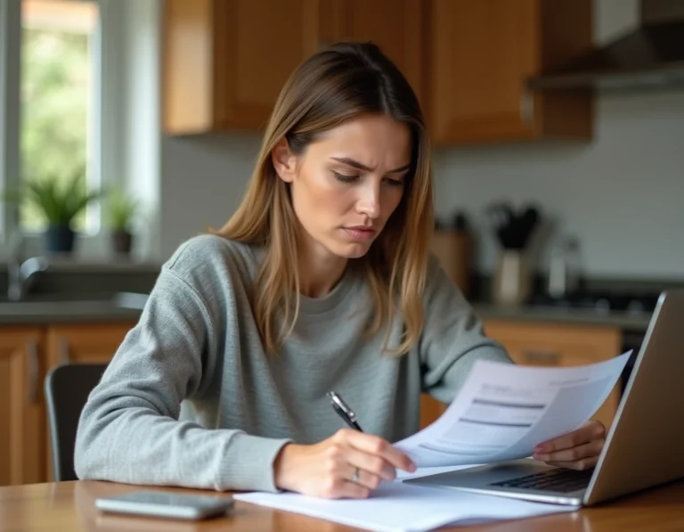 Femme consultant ses documents d'assurance habitation sur un ordinateur portable dans une cuisine moderne