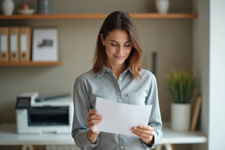 Femme examinant un document imprimé avec une imprimante laser en arrière-plan dans un bureau à domicile moderne