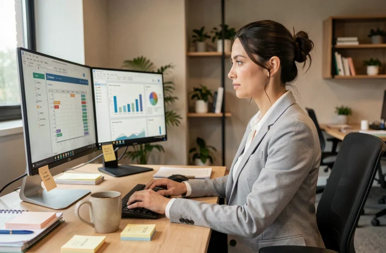 Femme professionnelle travaillant sur deux écrans avec des outils de bureautique pour booster sa productivité au bureau