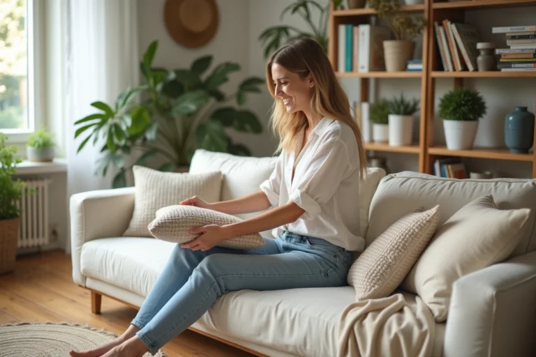 Femme arrangeant des coussins sur un canapé cosy dans un salon lumineux
