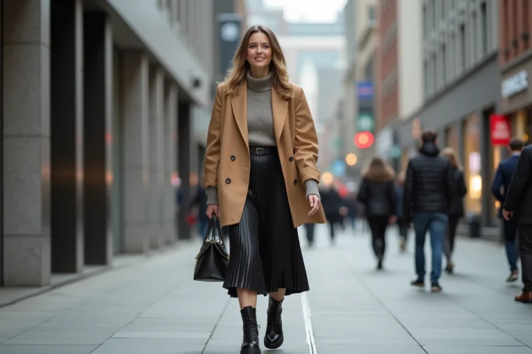 Femme élégante marchant en ville avec blazer et jupe plissée