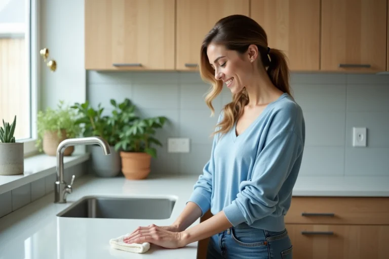 Jeune femme nettoyant un plan de travail de cuisine lumineuse