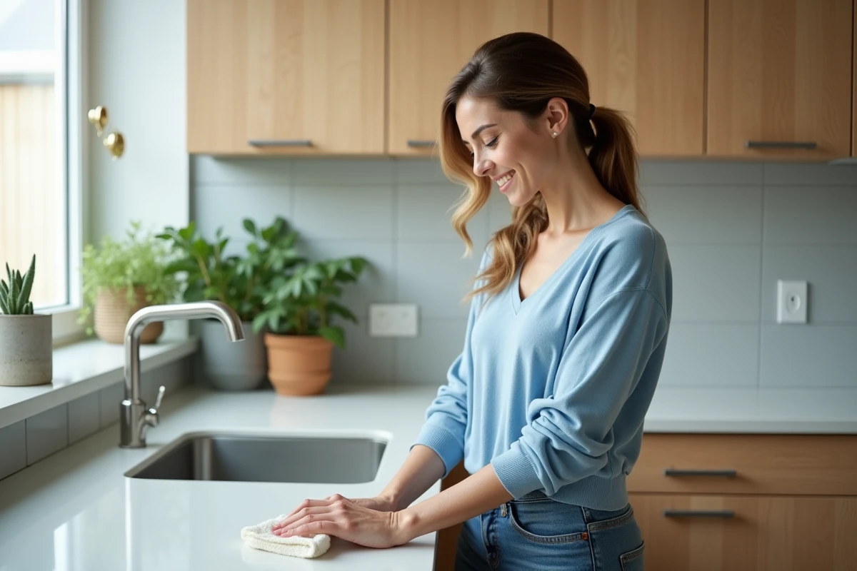 Jeune femme nettoyant un plan de travail de cuisine lumineuse