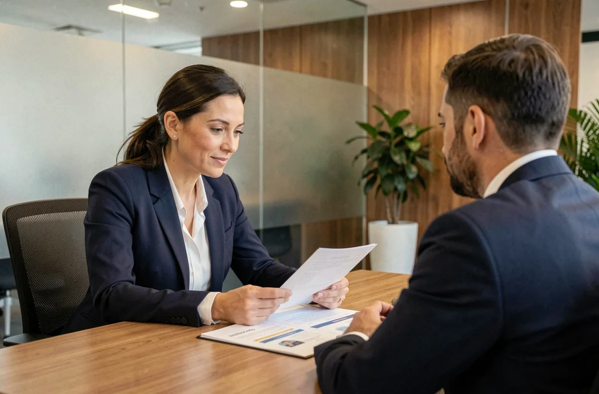 Une femme cadre en rendez-vous bancaire pour financer un projet immobilier avec un conseiller professionnel