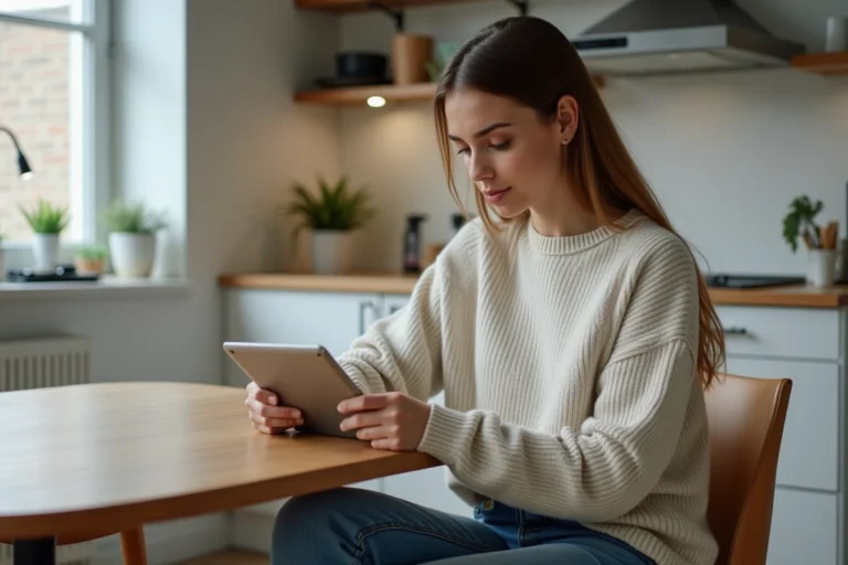 Femme assise à une table de cuisine lisant des nouvelles sur une tablette