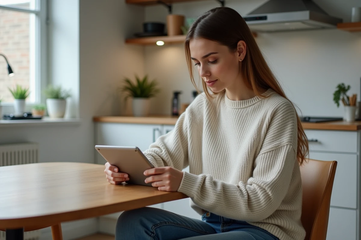 Femme assise à une table de cuisine lisant des nouvelles sur une tablette