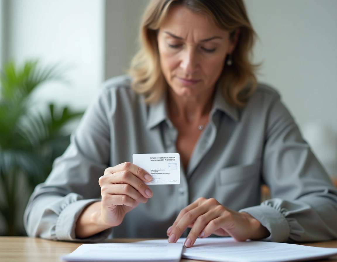 Femme tenant une carte d'identité nationale française et vérifiant sa date de validité