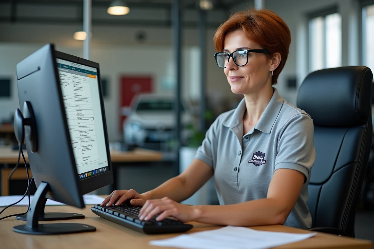 Gérante de garage utilisant le logiciel HaynesPro WorkshopData 2026 sur ordinateur de bureau dans un bureau d'atelier