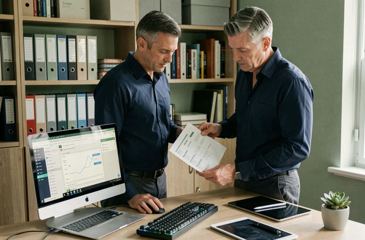 Homme debout à un bureau ergonomique avec laptop et outils de gestion de projet pour optimiser la productivité en télétravail