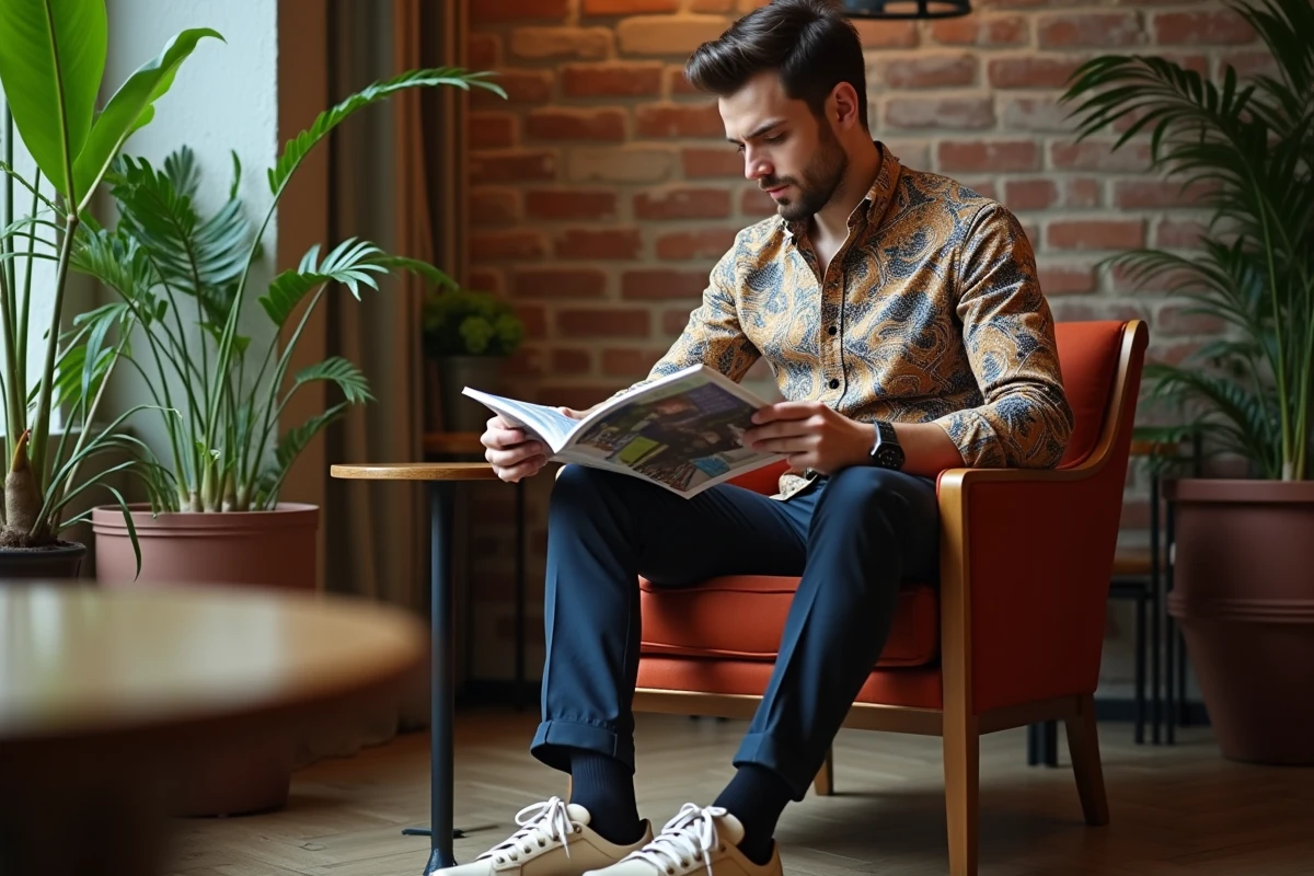 Jeune homme relaxant dans un café avec chemise à motifs