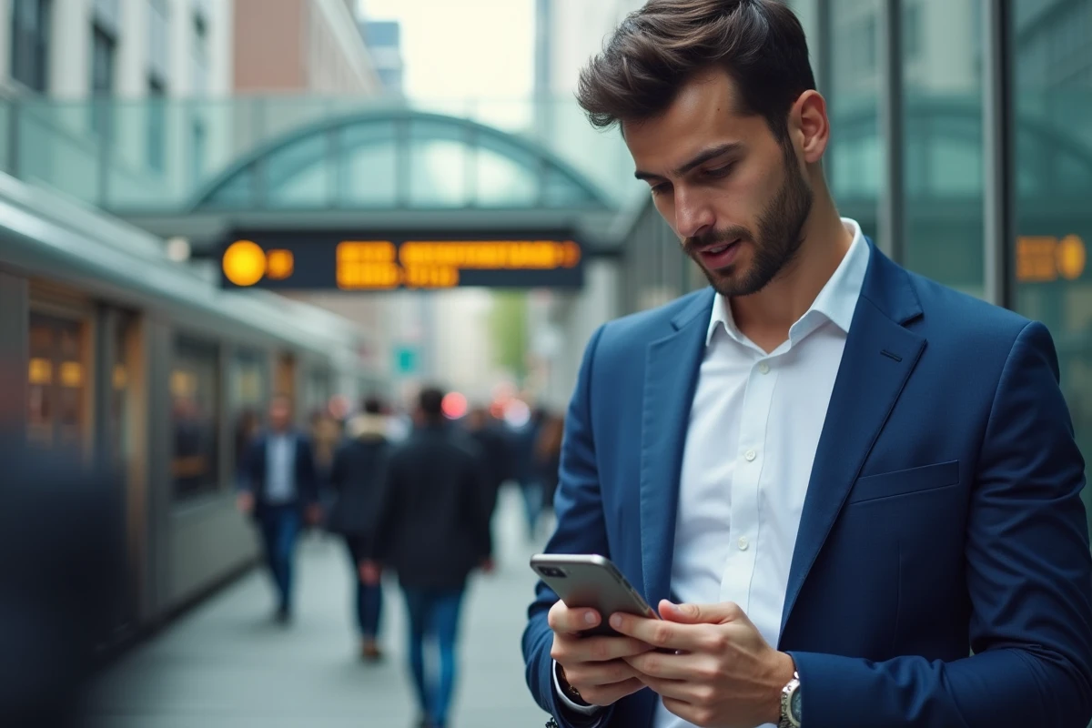 Jeune homme dans la rue vérifiant ses actualités sur son smartphone