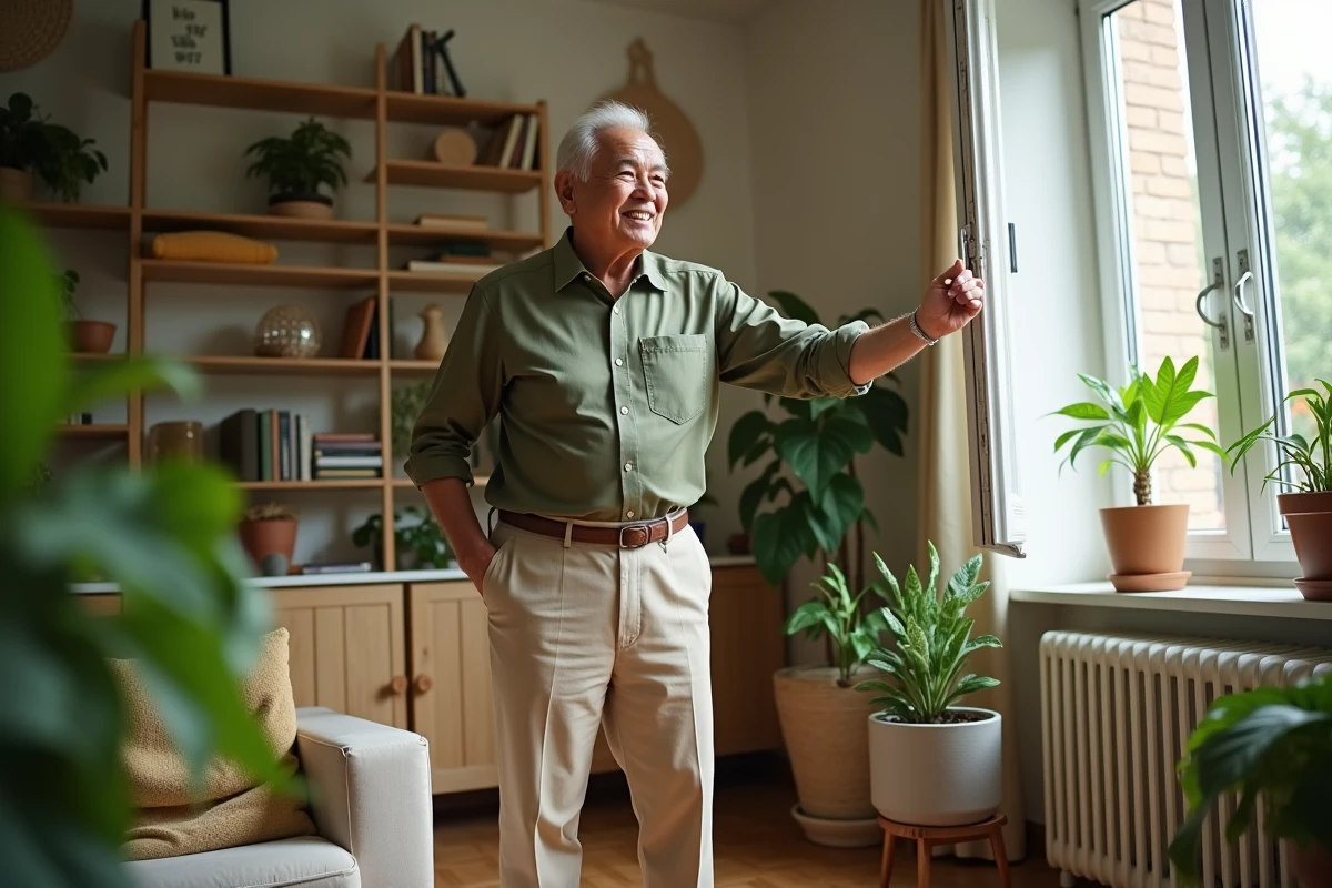 Homme âgé ouvrant une fenêtre dans un salon avec plantes