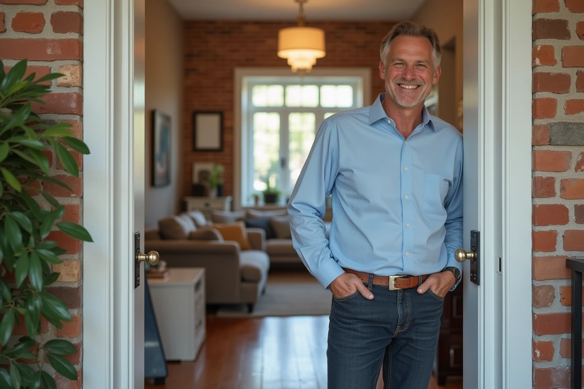Homme souriant ouvre la porte d un appartement renové