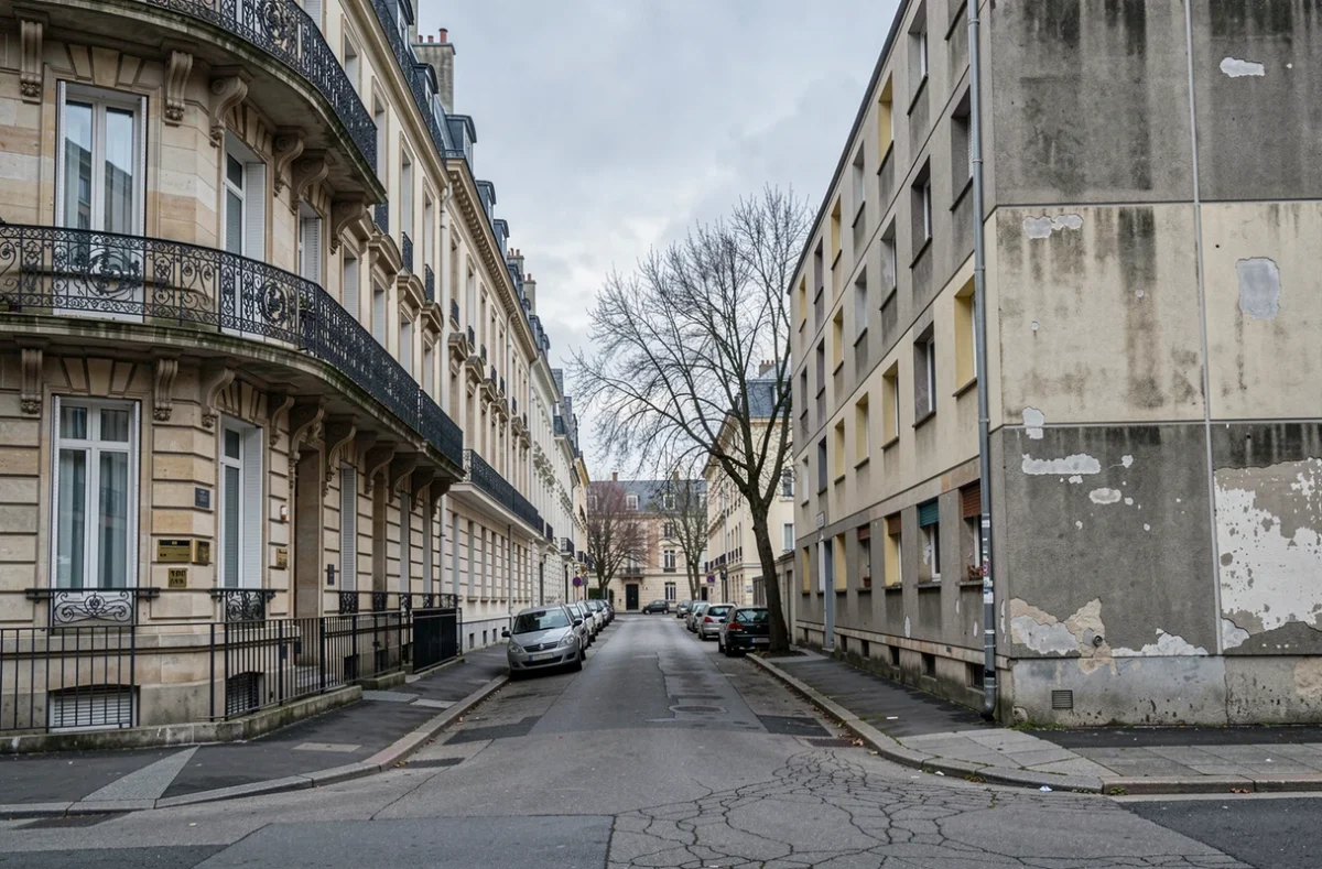 Contraste architectural entre un immeuble haussmannien et un logement social illustrant les inégalités de logement en France