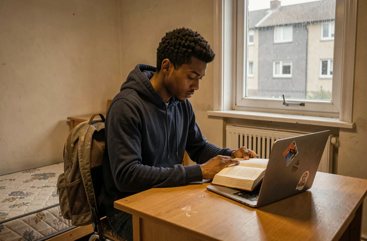 Jeune étudiant dans une chambre modeste symbolisant les inégalités scolaires et sociales en France