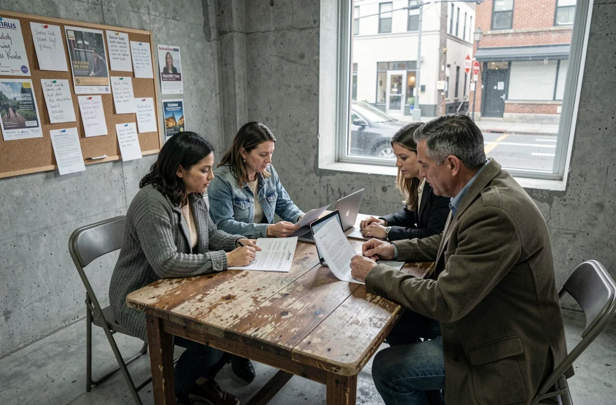 Groupe de citoyens réunis dans un centre communautaire pour discuter des inégalités sociales en France