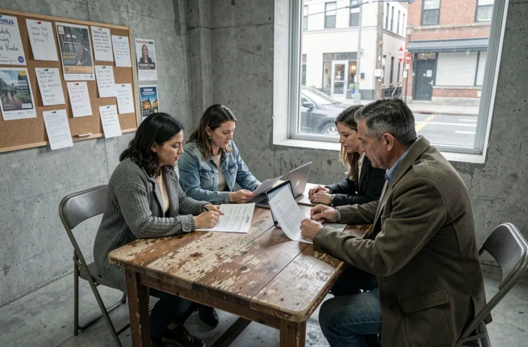 Groupe de citoyens réunis dans un centre communautaire pour discuter des inégalités sociales en France