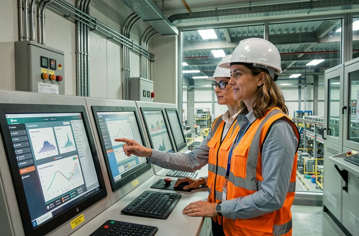Deux ingénieures en salle de contrôle surveillant des tableaux de bord de maintenance prédictive pendant que la production continue en usine